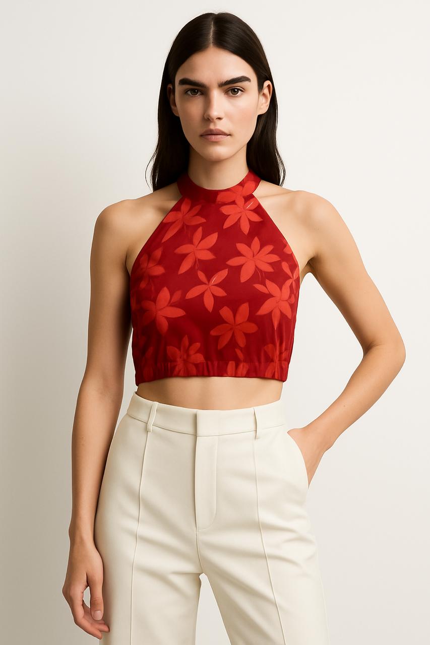 Red Floral Halter Crop Top