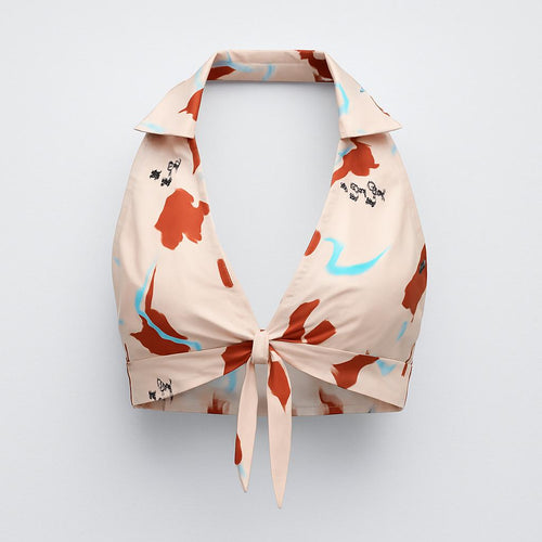 Abstract Print Halter Tie Top